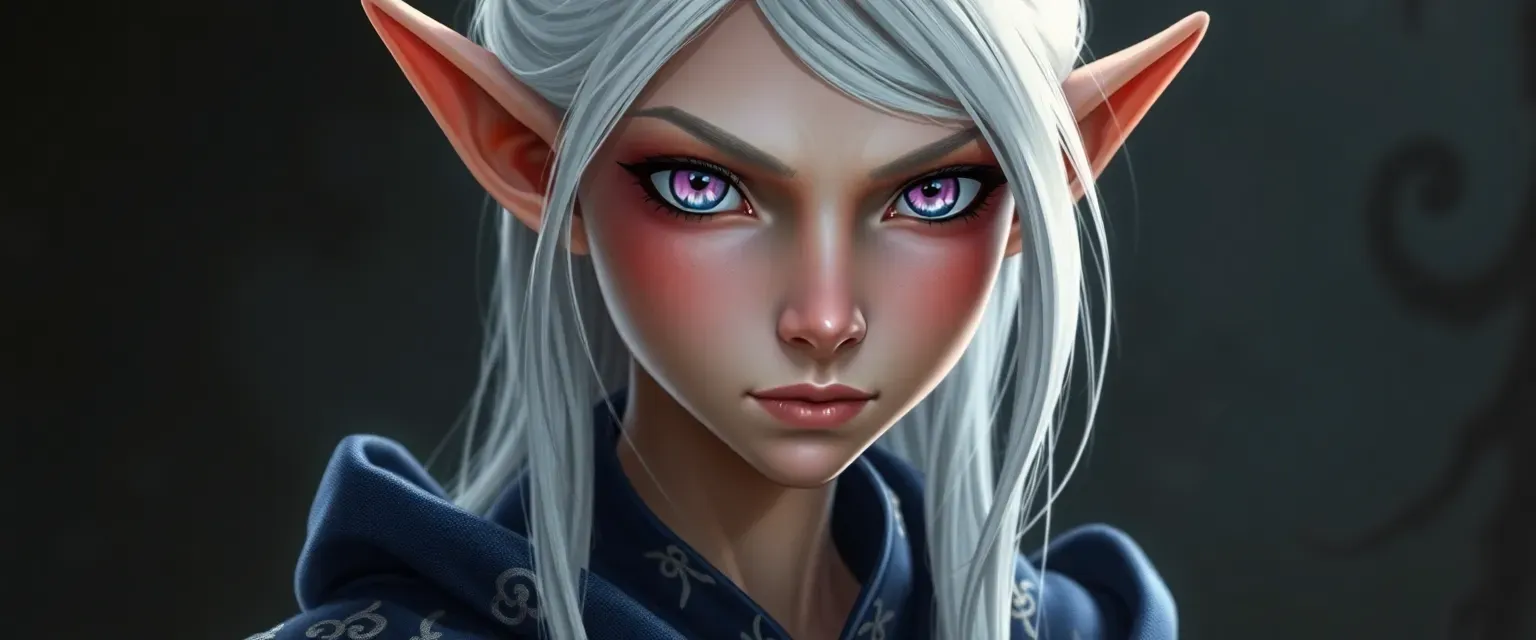 Slender elf with silver hair and piercing violet eyes, wearing deep blue Academy robes with silver embroidery.