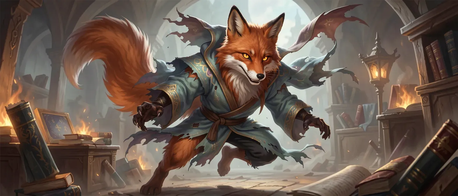 Anthropomorphic fox therian with auburn fur, amber eyes, bushy tail, wearing tattered spirit-silk robes, sly and cunning expression.