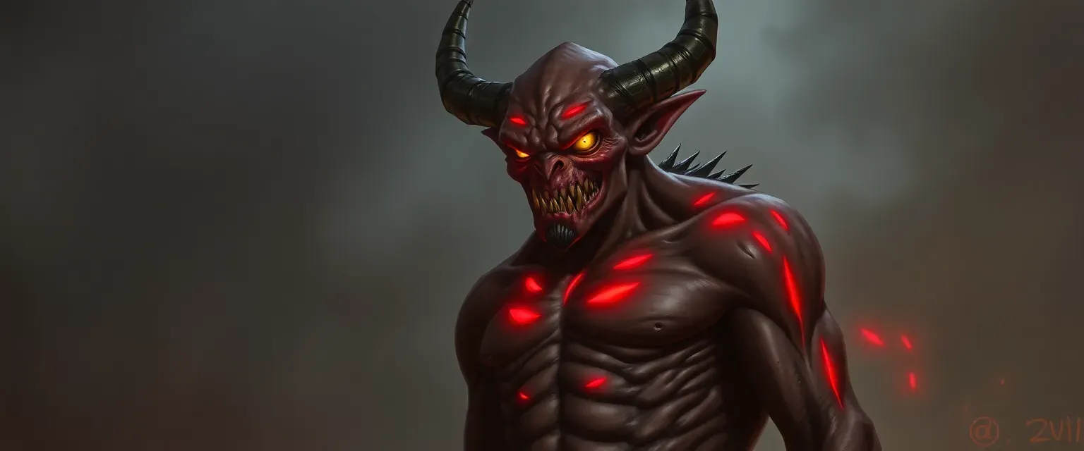 Tall demonic figure with dark skin, tribal scars, yellow eyes, wearing no clothes, adorned with glowing red markings.