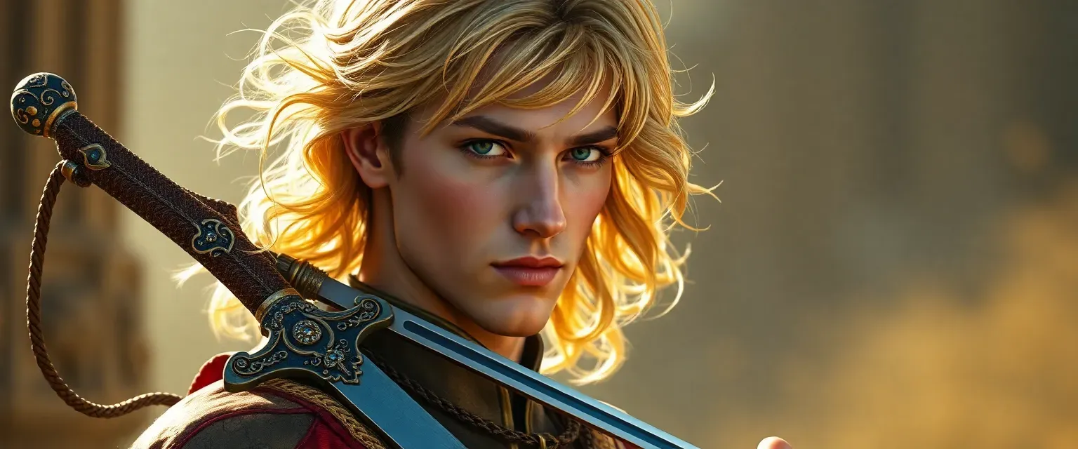 Young man with golden hair, flawless skin, aquiline nose, dressed in silk and brocade, carrying a bejeweled sword and barbed whip.