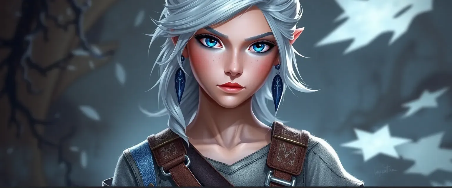 Young Air Genasi woman with silver hair, azure skin, blue eyes, wearing a shimmering tunic and tool belt.
