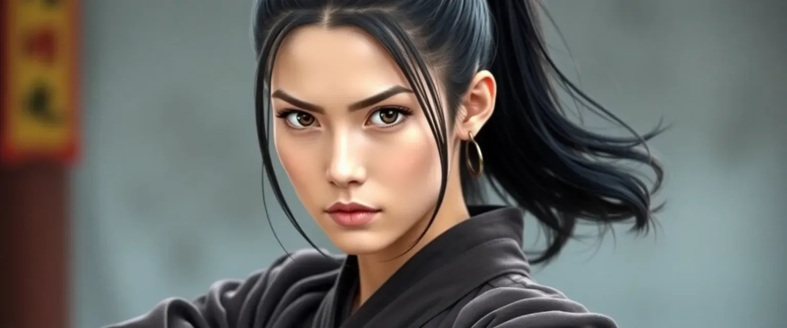 Young woman with long black ponytail, sharp eyes, wearing monk robes and fighting gear.
