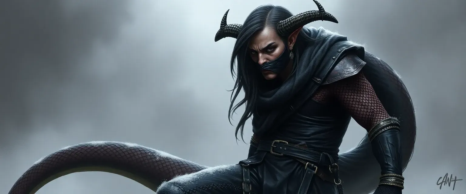 Half-snake demon, half-winter Eladrin Elf, black eyepatch, half-face mask, leather pants, long tail wrapped as belt.