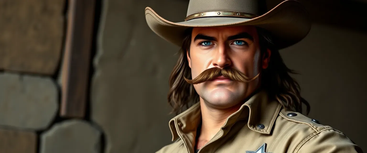 A tall, rugged man with piercing blue eyes, a thick mustache, and a sheriff's uniform, Diego Mustang embodies the spirit of justice.