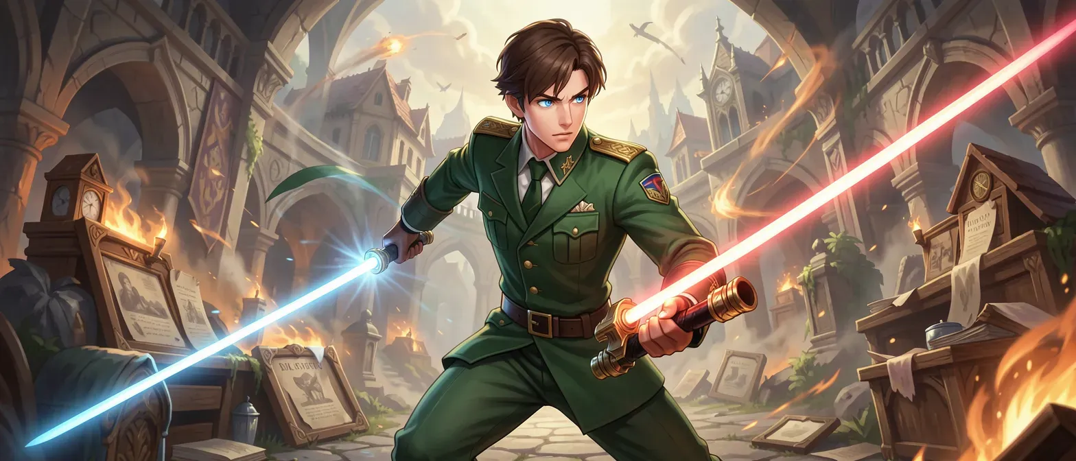 18-year-old lean cadet with short brown hair, piercing blue eyes, in crisp green uniform holding a laser sword.