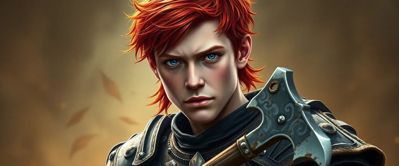 Young man with fiery red hair, piercing blue eyes, wearing tattered knight's armor, holding a broken axe.