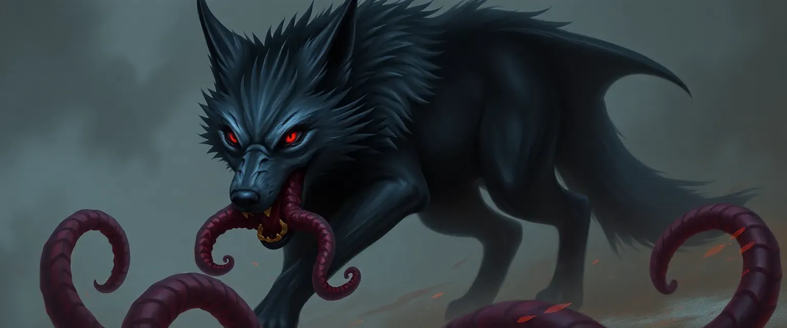 Dark grey wolf with red eyes, alpha, fused with a primordial demon, can summon tentacles.