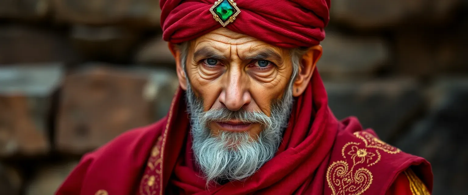 Middle-aged man with a weathered face, wearing a crimson robe with gold embroidery and a matching turban with an emerald pin.