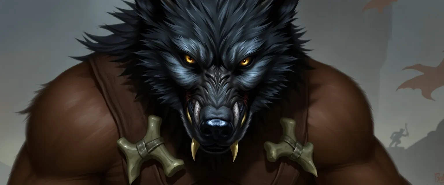 Tall, muscular werewolf with dark fur, amber eyes, and bone-adorned leather harness.