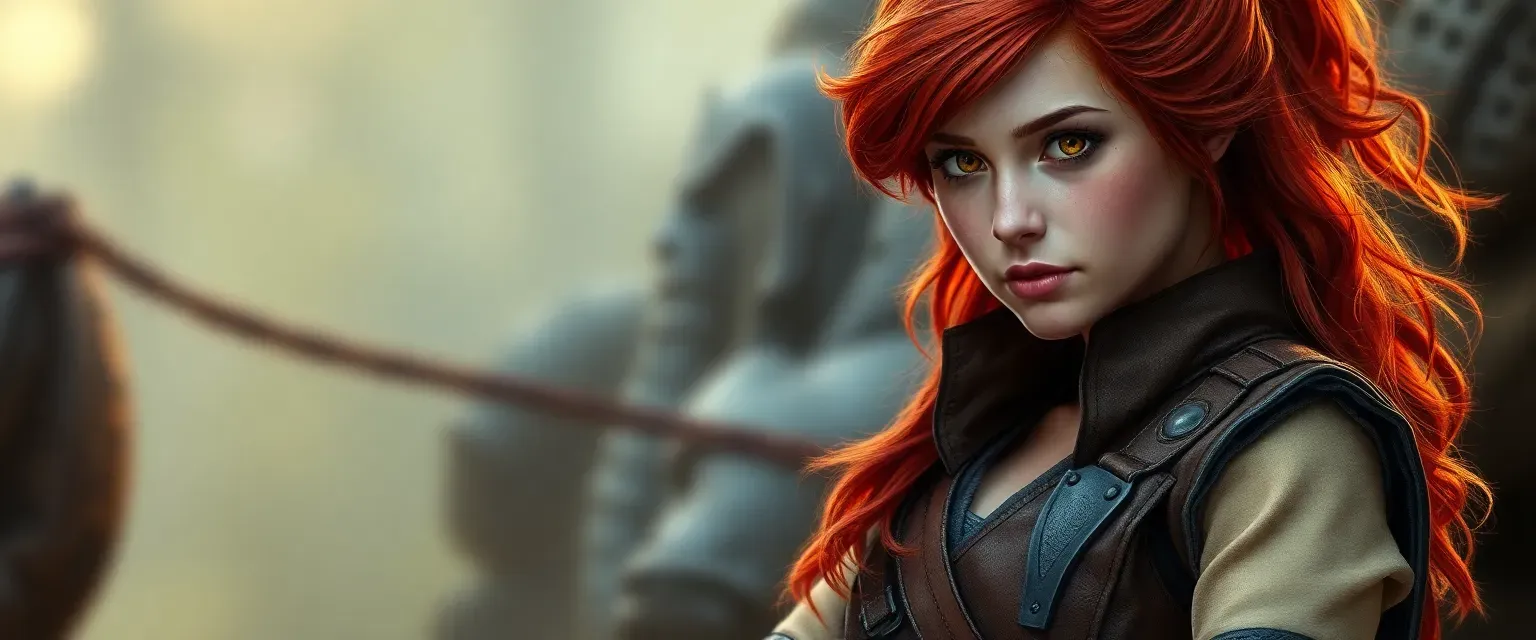 Young woman with fiery red hair, amber eyes, wearing a leather vest and tunic, boots laced with care.