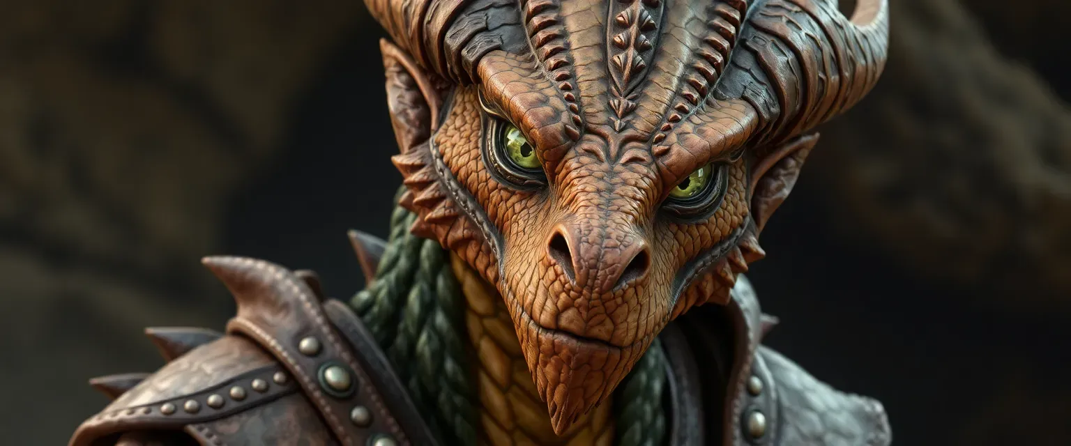 Mid-thirties dragonborn with bronze and copper scales, green eyes, wearing simple leather armor.