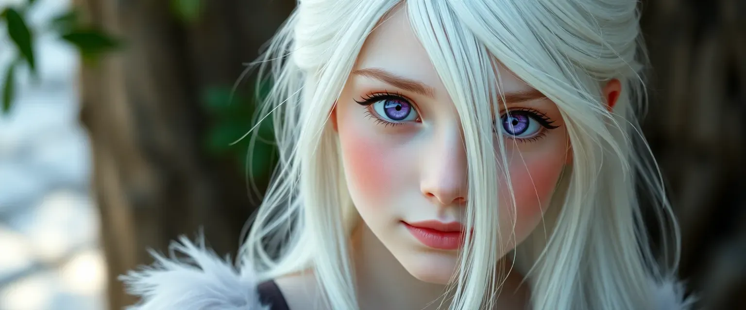 16-year-old girl with pure white skin, white hair, and striking purple eyes, shy yet caring.