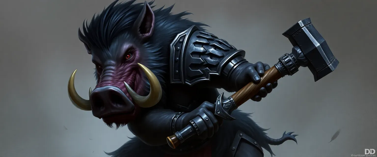 Seven-foot tall wereboar with dark hair, crimson eyes, tusks, and shadow-forged armor wielding a warhammer.
