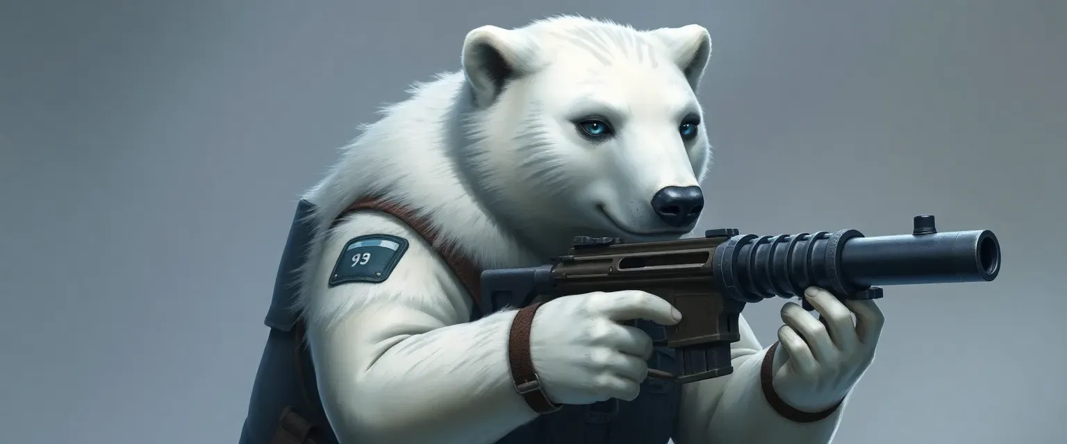 A 32-year-old female polar bear with blue eyes, silver-streaked fur, wielding a heavy bazooka, dressed in Arctic Brigade uniform.