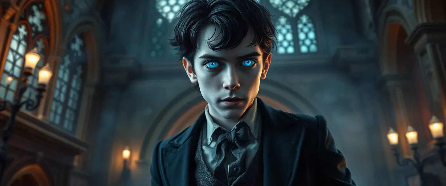 Young ghostly man with dark hair, blue glowing eyes, wearing a tattered 19th-century suit, haunting a cathedral-style house.