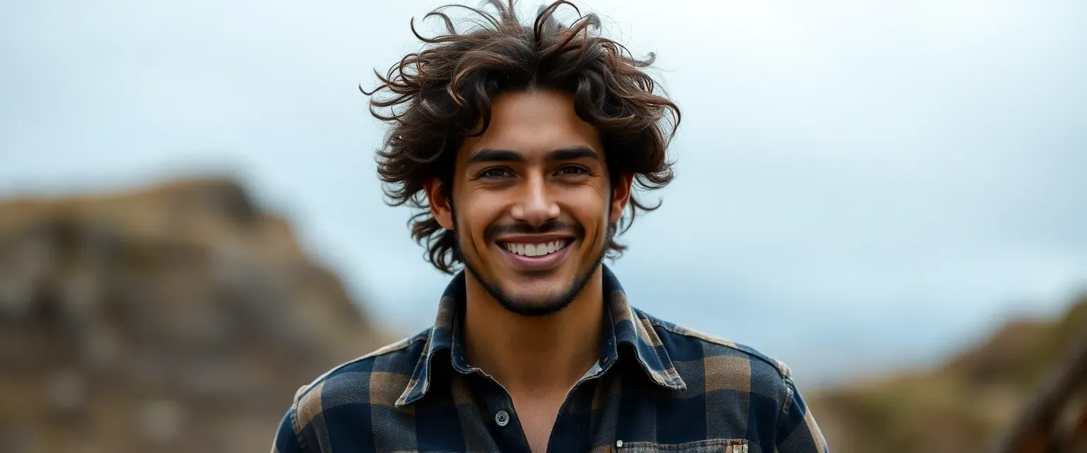 Young man with bronzed skin, wild dark curls, wearing worn jeans and a flannel shirt, smiling warmly.