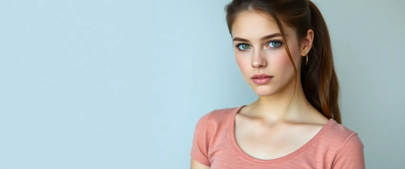 Late teen girl, slender, chestnut brown hair in ponytail, green eyes, unassuming clothes.