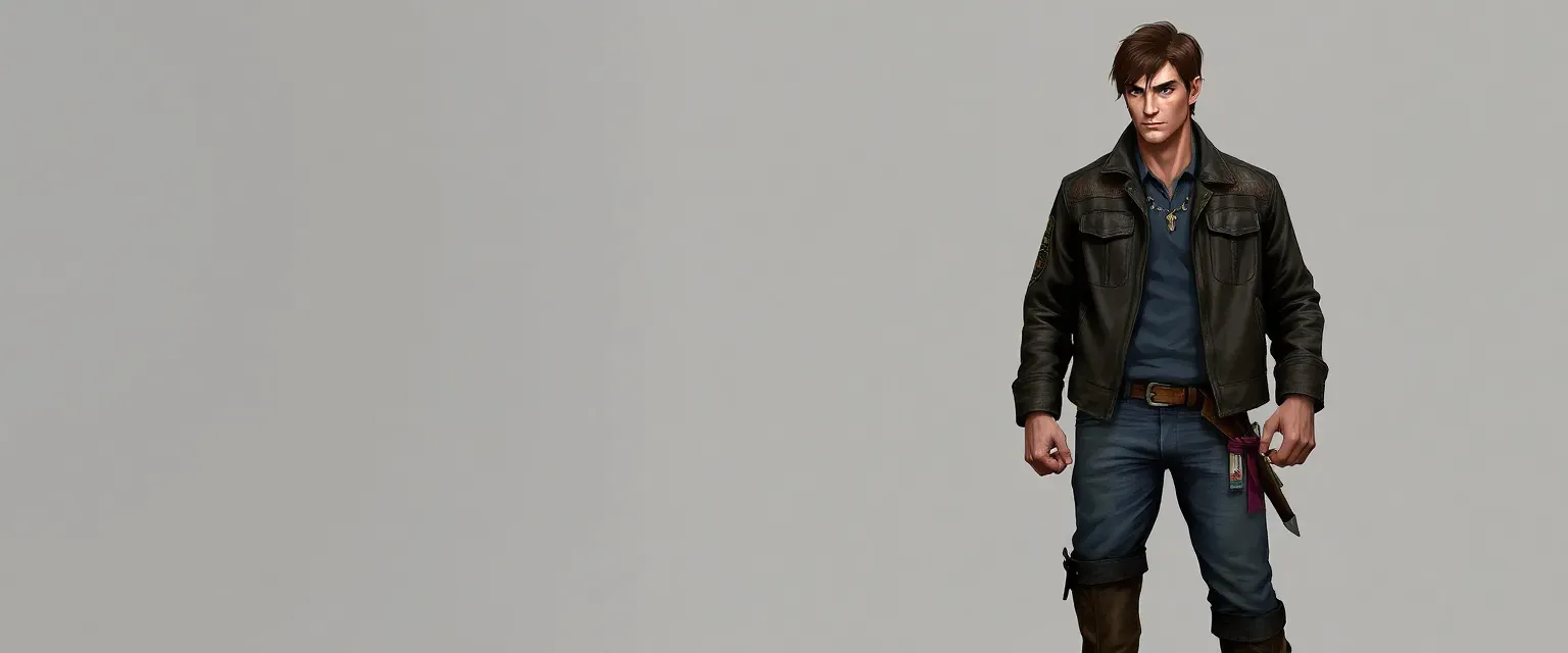 Tall, muscular man with dark brown hair and blue eyes, wearing a leather jacket with patches, faded jeans, and boots.
