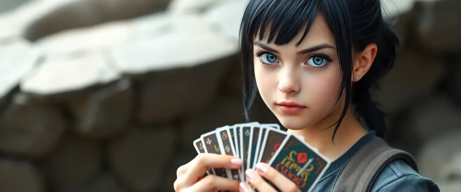 16-year-old girl with dyed black hair, grey-blue eyes, wearing casual clothes, holding a deck of cards.