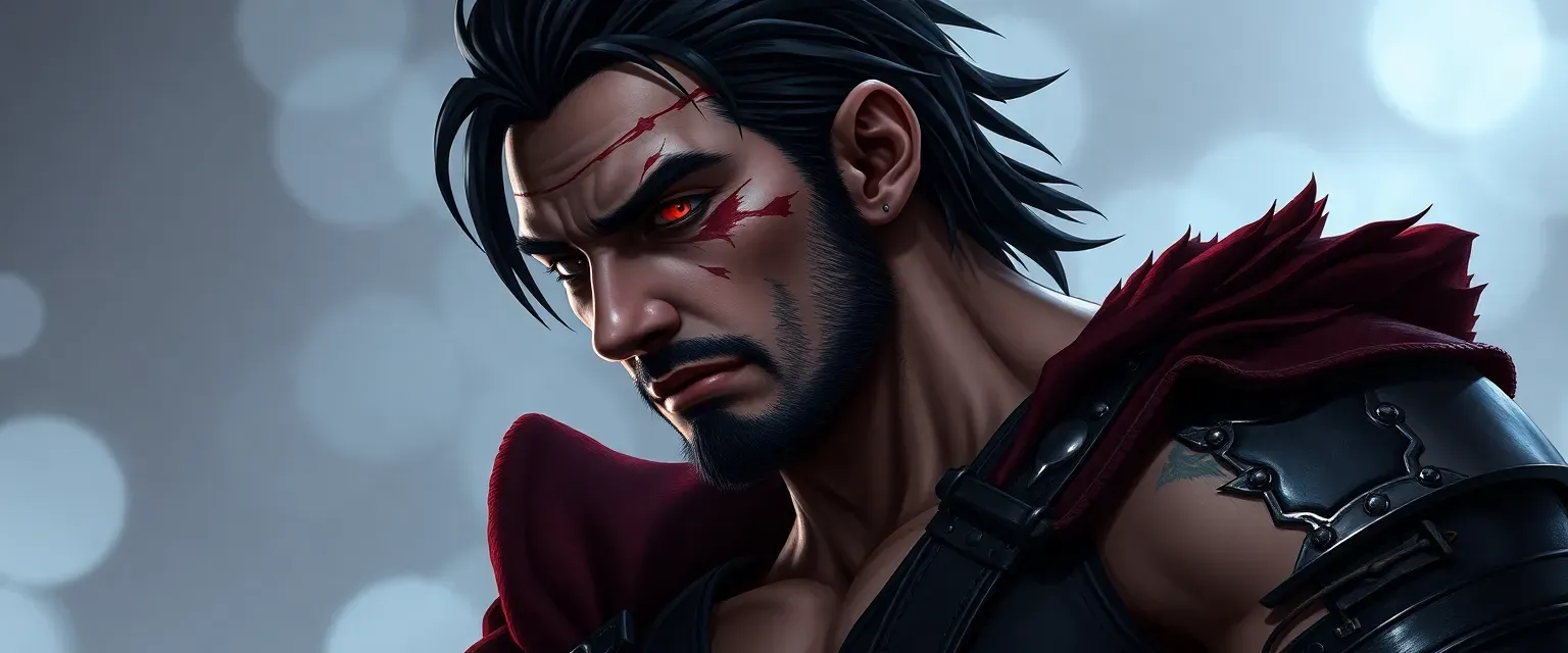 Tall man with black hair, one crimson eye, scarred, muscular, missing an arm, wearing dark leathers and metal plates.