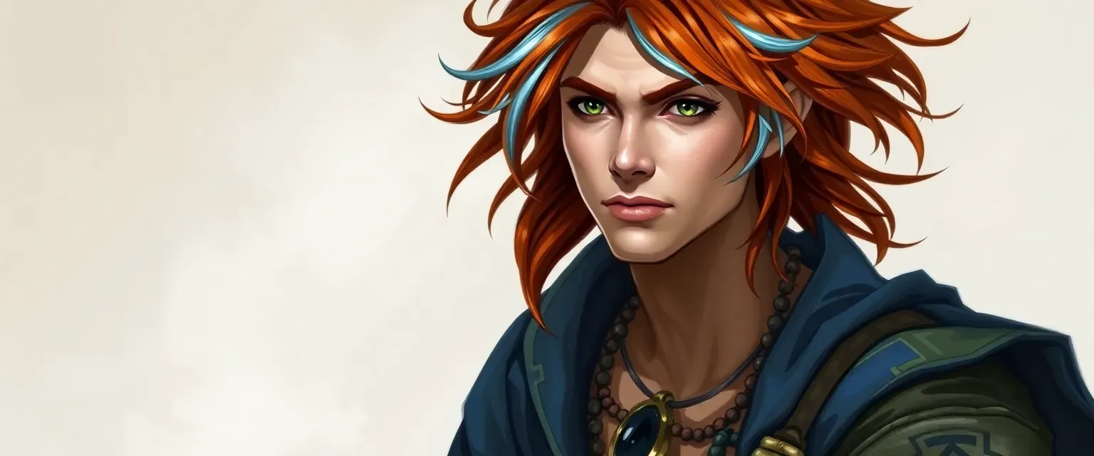 35-year-old lean sorcerer with wild chestnut curls streaked silver and blue, sharp green eyes, wearing patchwork indigo robe, sturdy boots, and obsidian talisman necklace.