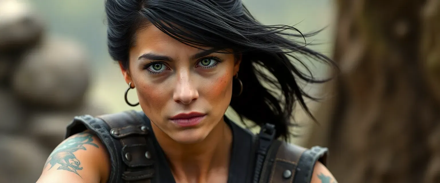 Late 20s woman with jet-black hair, gray eyes, tanned and scarred skin, wearing practical leather and patched clothes.
