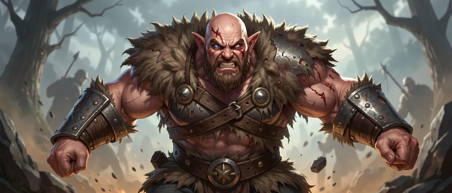 Hulking 35-year-old barbarian with pin-shaped head, scarred jaw, wearing tattered furs and iron plates, intense rage-filled eyes.