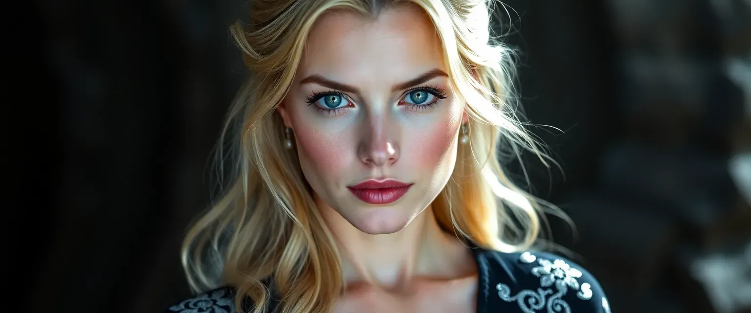 Blonde woman in her 30s, grey-blue eyes, wearing a black gown with silver voidlight patterns.