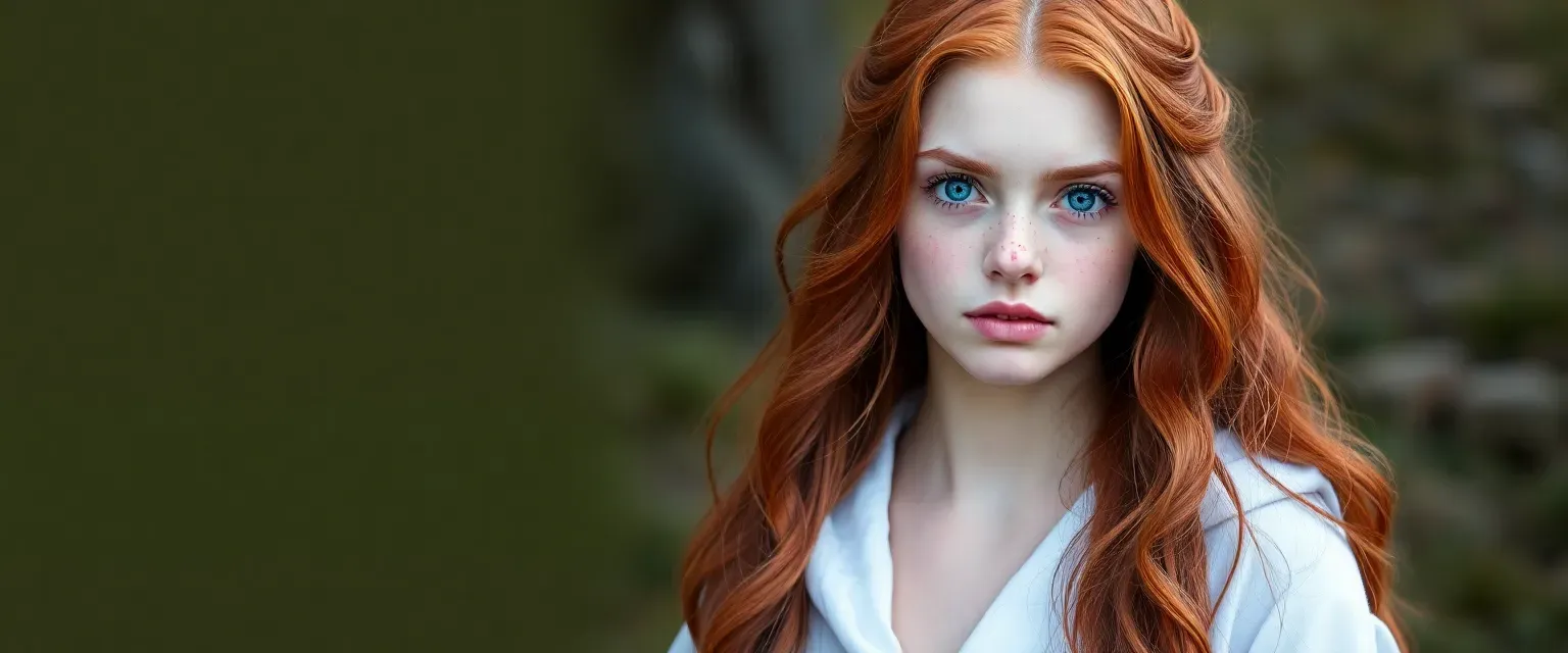 17-year-old Laella with long red hair, blue eyes, freckles, wearing white poison maiden robes.