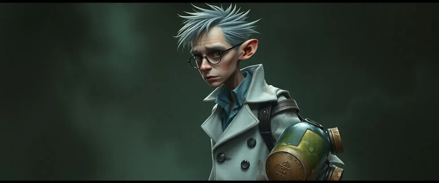 Short, skinny scientist in a dirtied, patched white overcoat, carrying a phylactery-esque jar with metallic ooze.