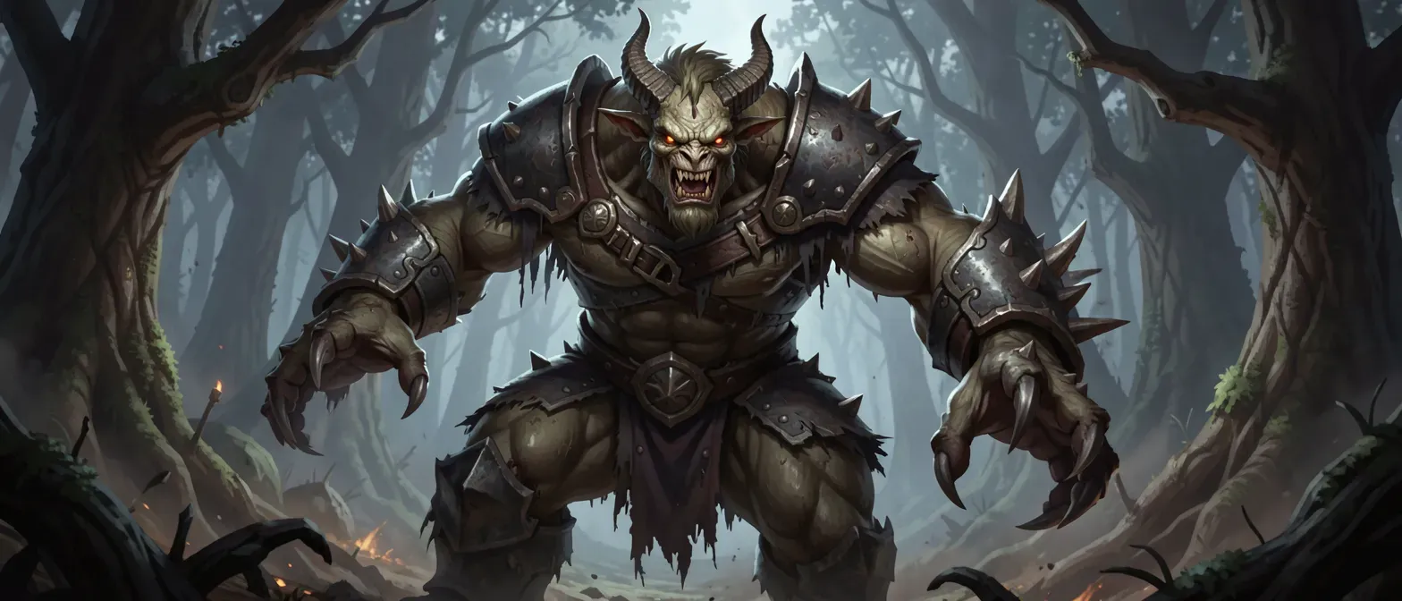 A hulking scaled monster with horns, claws, and piercing human-like eyes, wearing tattered armor in a dark fantasy forest.