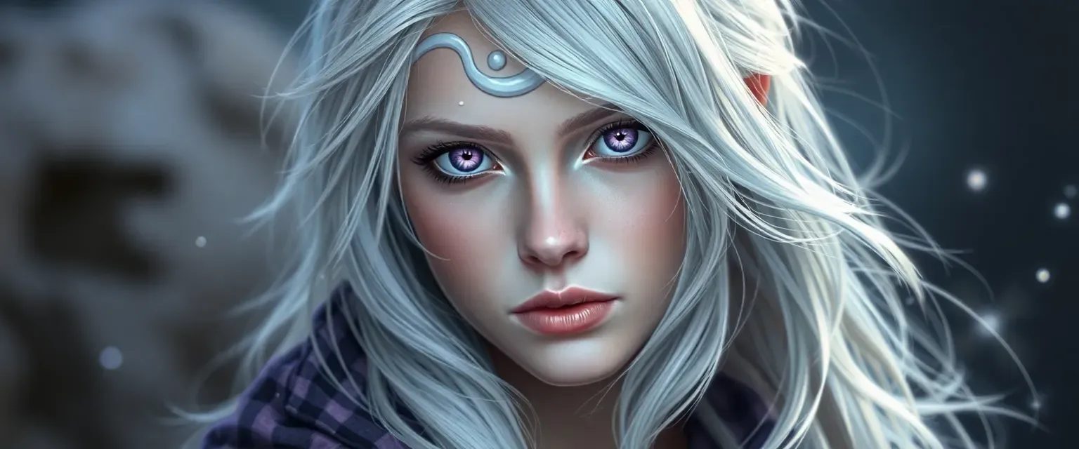 Sixteen-year-old girl with silver hair and violet eyes, ethereal beauty, possessing elemental powers.