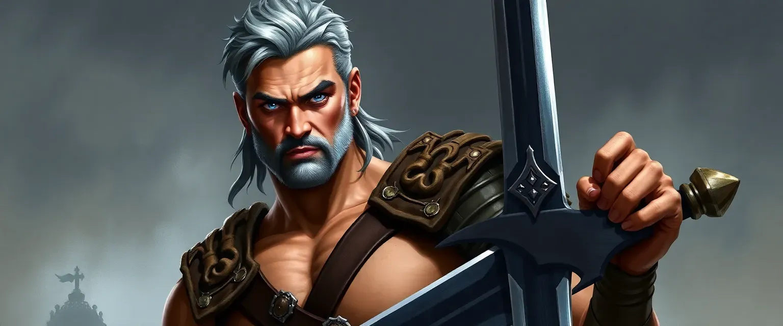 Tall, muscular gladiator in his late 30s with gray-streaked hair, piercing blue eyes, minimal leather armor, and a broad sword.
