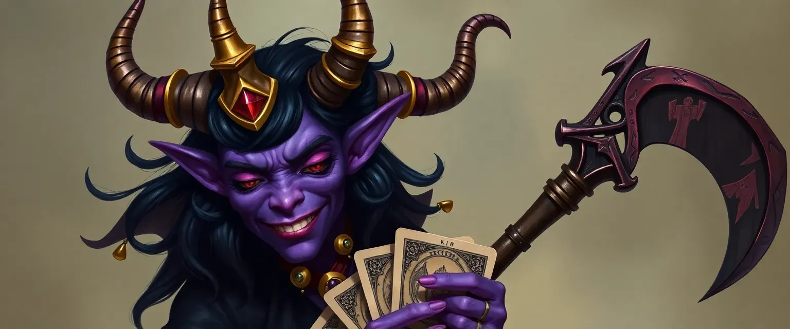 Purple-skinned tiefling with dark hair, circus attire, golden rings and gems on horns, carrying tarot cards and a chained sickle.