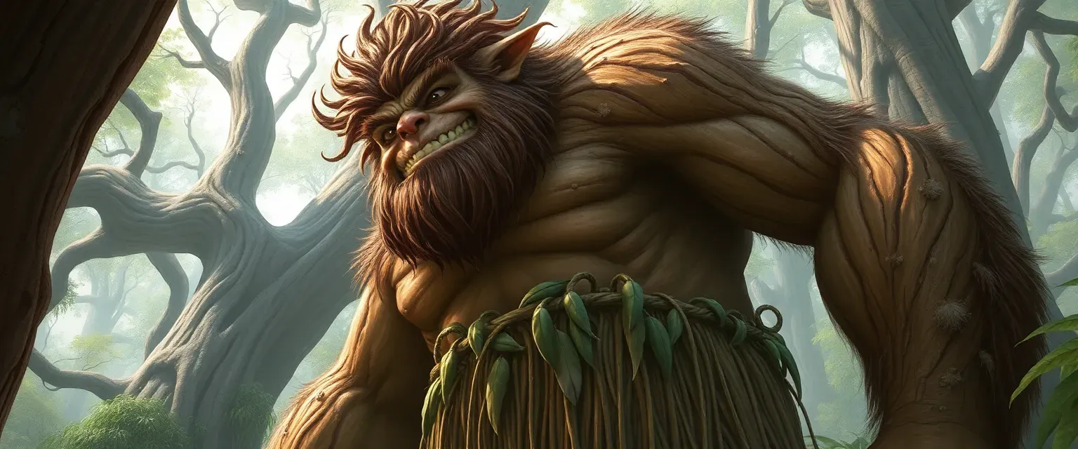 Towering 15-foot forest giant with bark-like skin in browns and greens, vine-tangled hair, bright eyes, wearing a reed loincloth with feathers, cheerfully whistling amid ancient trees.