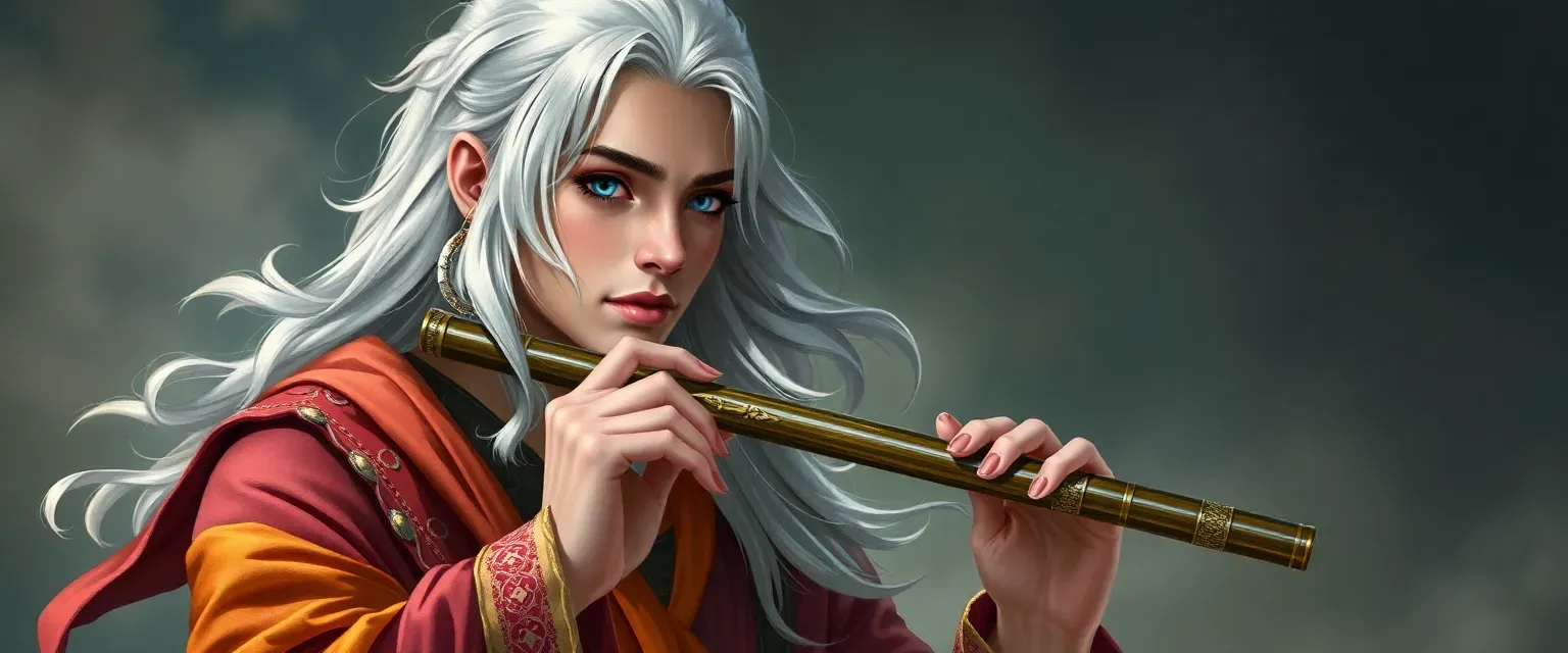 28-year-old charismatic bard with silver hair and azure eyes, wearing vibrant, flowing garments, playing the panflute.