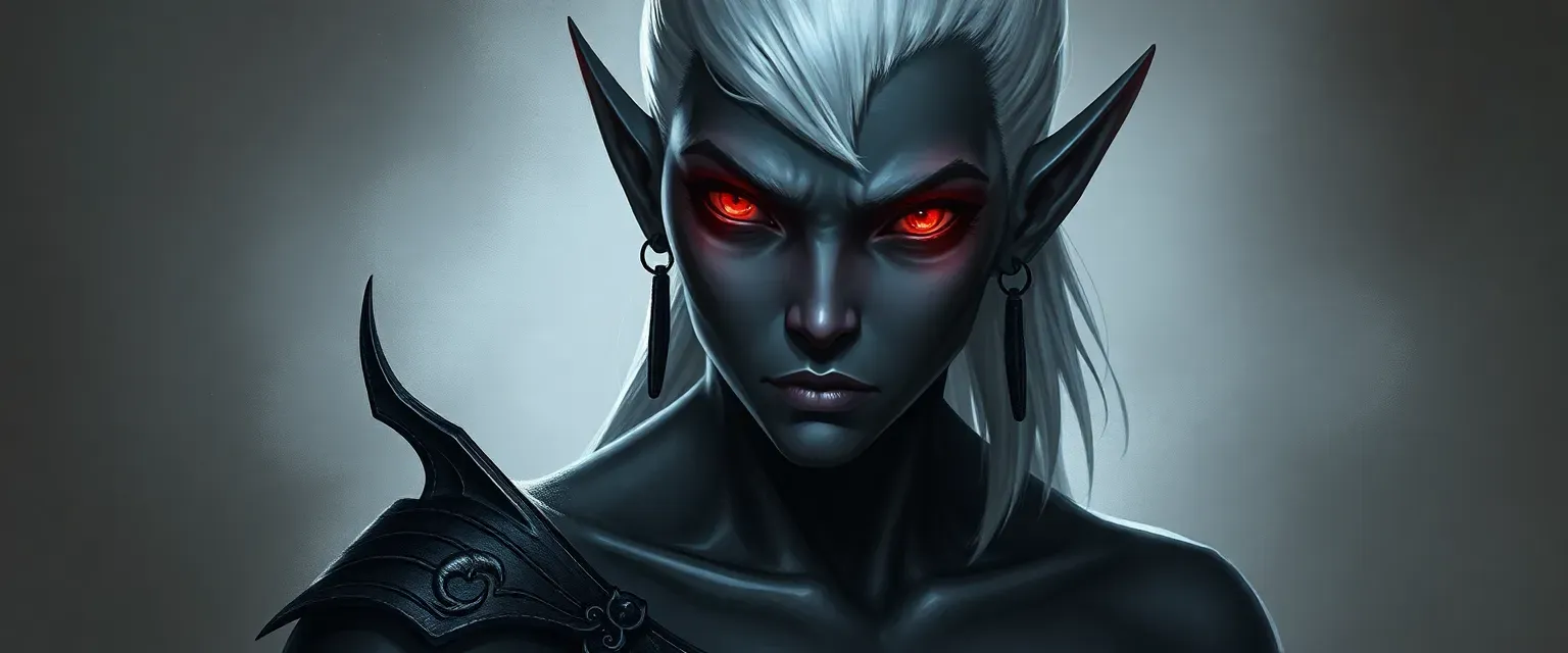 Drow elf with pale red eyes, white crew cut, dark grey skin, athletic build, shadow dragonmark on shoulder.