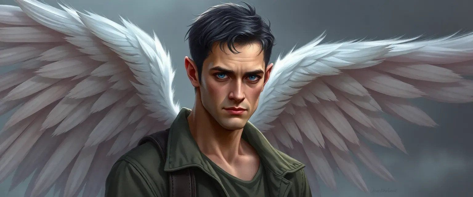Oldest An male archangel, short dark hair, casual clothes, deep blue eyes, ethereal beauty, shifting forms.