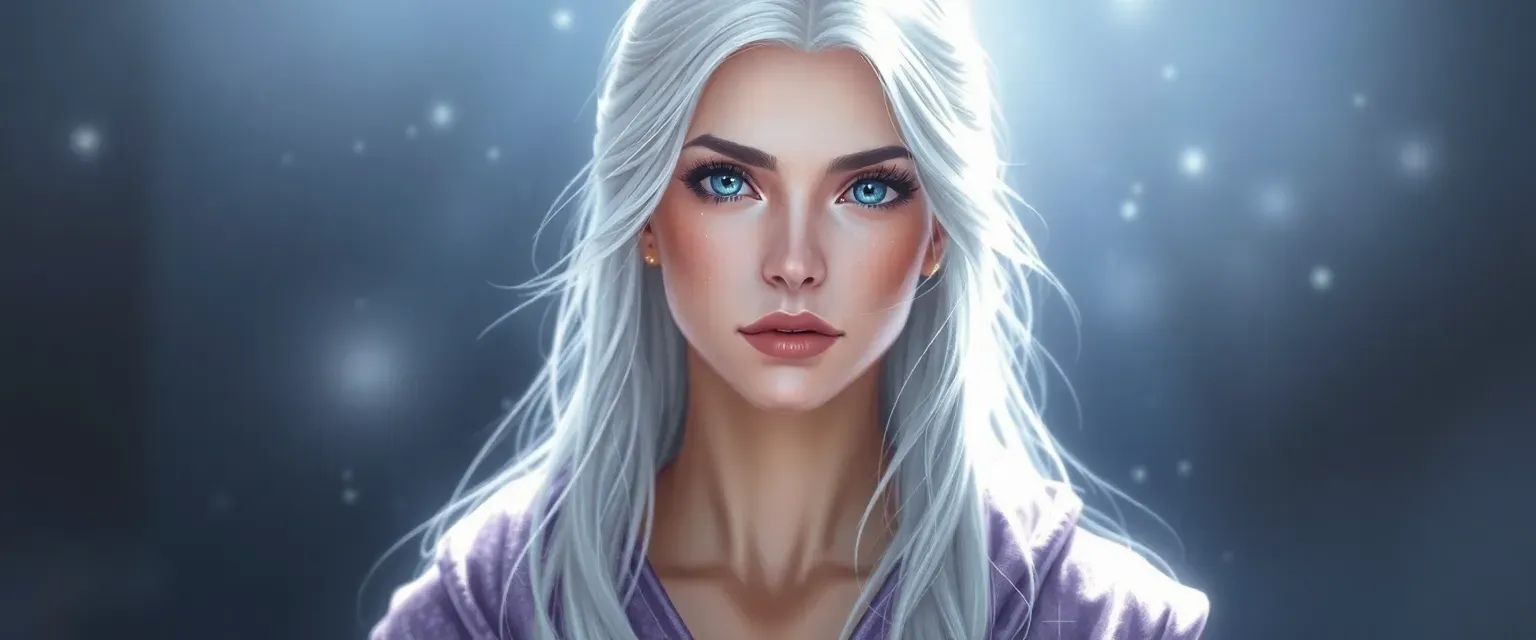 Ethereal woman with silver hair and blue eyes, wearing a robe of starlight.
