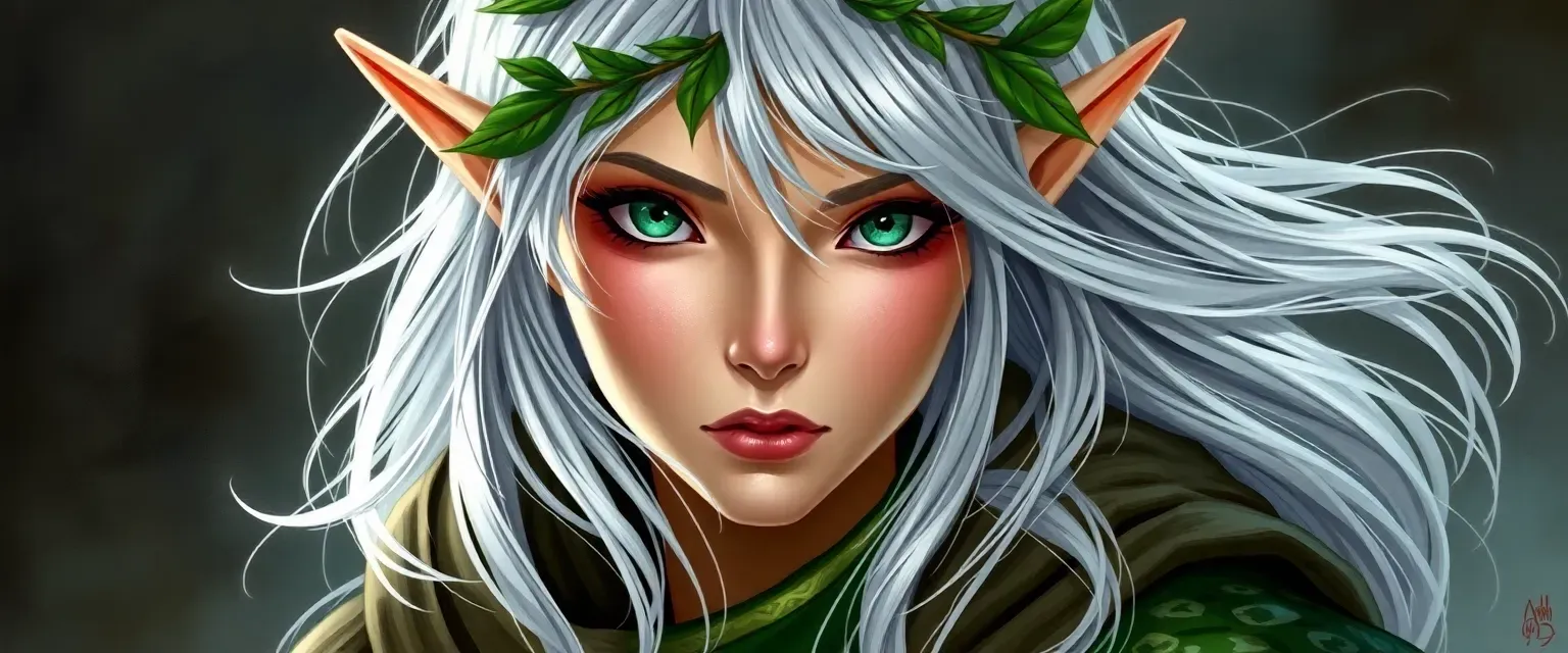 Silver-haired elf with emerald eyes, wearing green and brown robes, a leaf circlet on her brow.