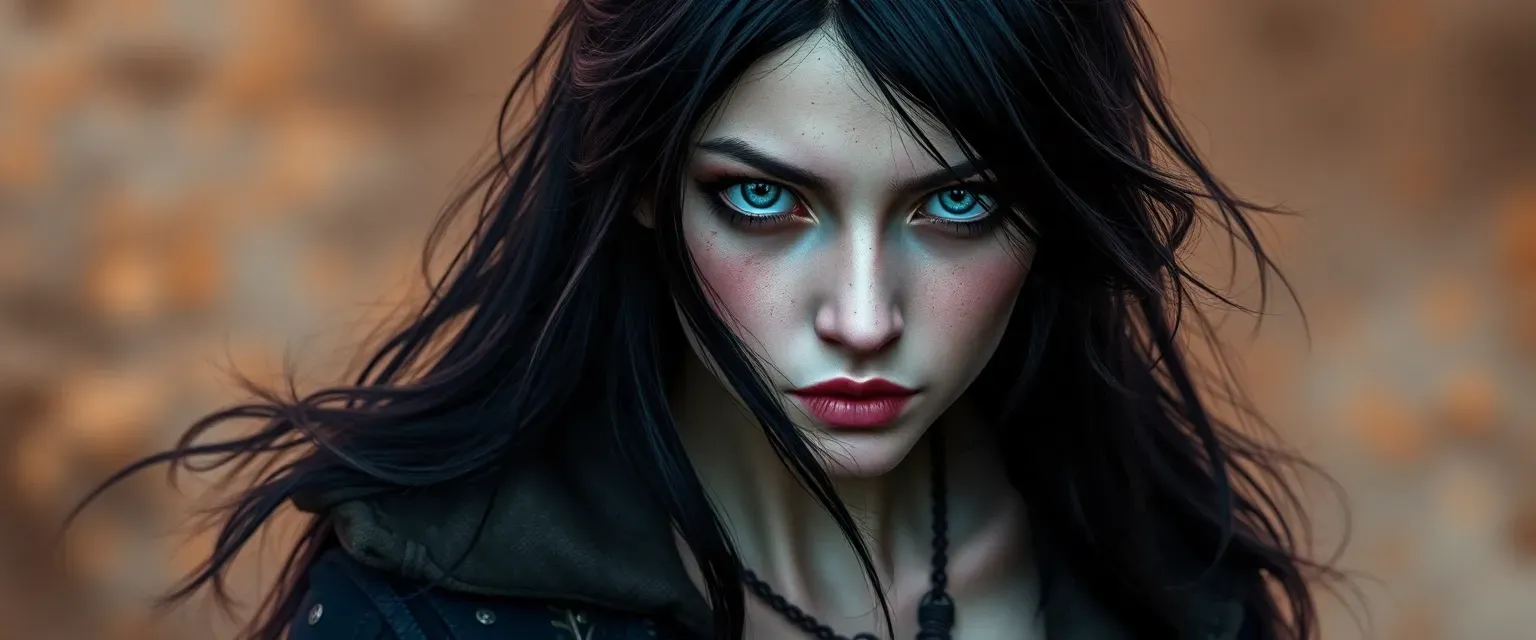 Young woman, early 20s, raven-black hair, ice-blue eyes, pale skin with faint scars, dark rugged clothing with gothic accessories.