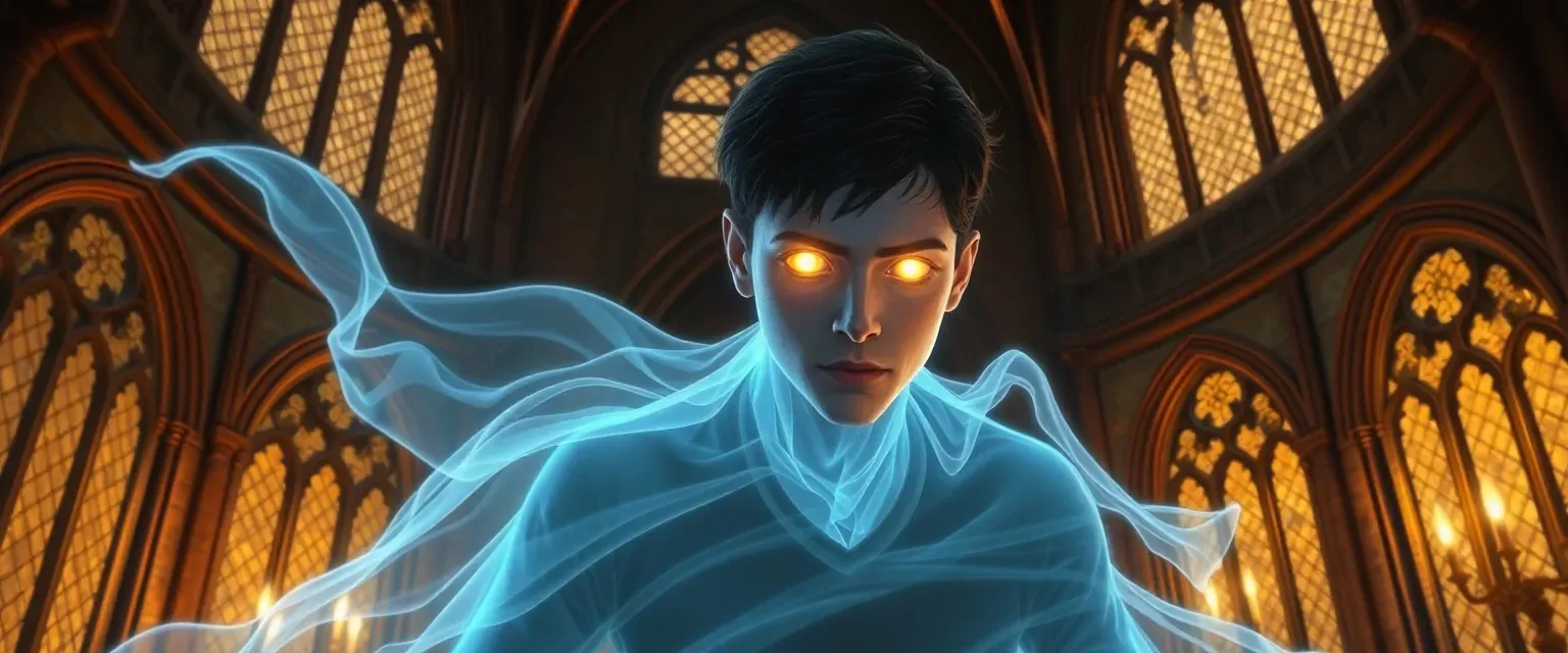 Translucent ghost of a young man with burning eyes, haunting a cathedral-style house.