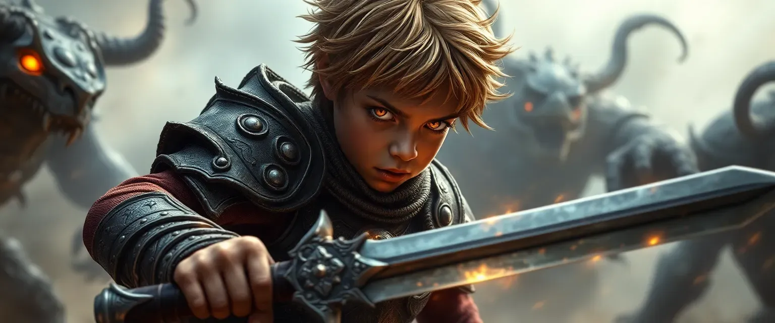 A young boy's spirit in ancient, cursed armor, eyes burning with rage, wielding a sword against monsters.