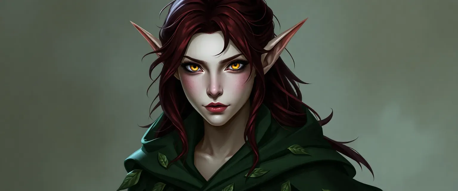 Changeling cleric, dark red hair, pale yellow eyes, white skin, green cloak with leaves, simple robe.