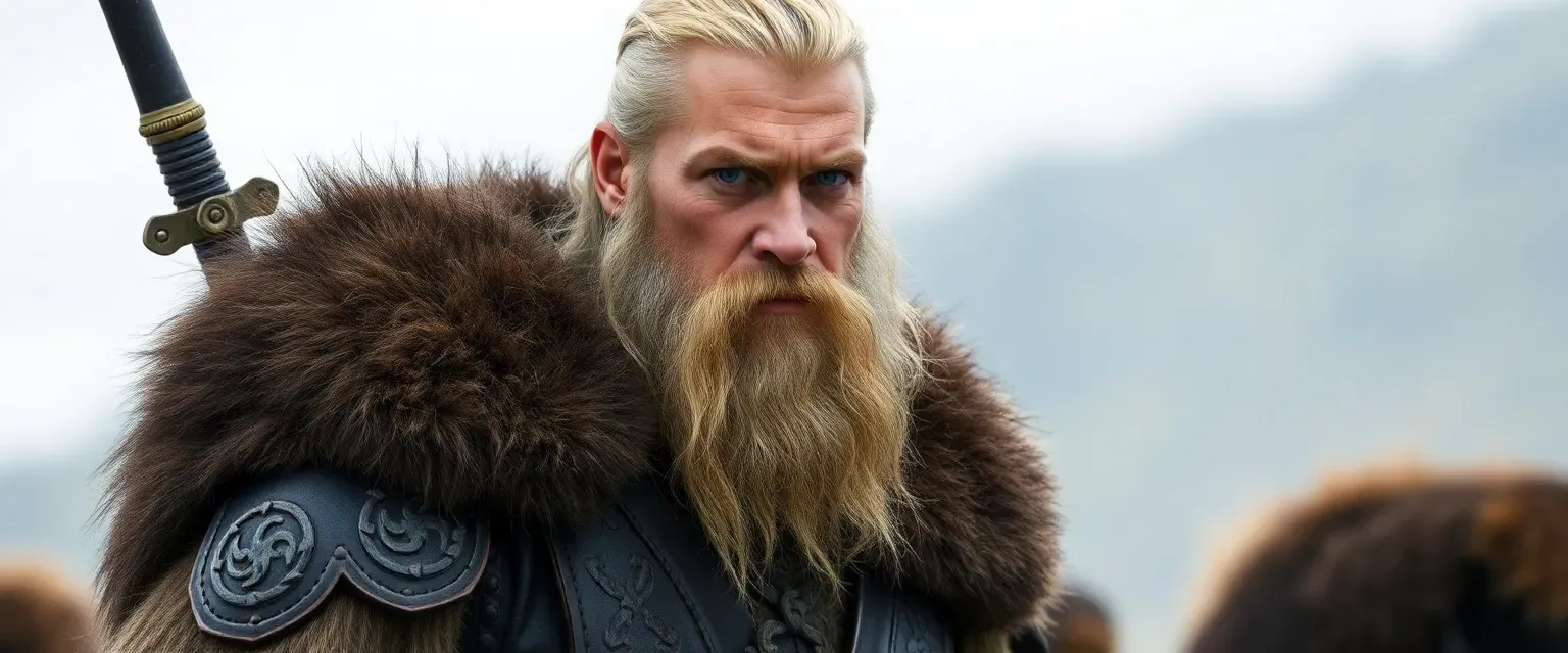 Tall Viking warrior with graying blond hair and beard, blue eyes, wearing fur-lined tunic and leather armor with Norse symbols.