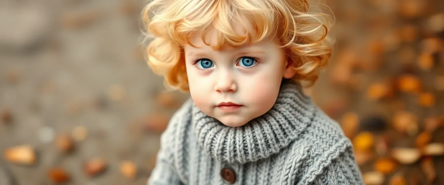 A 4-year-old boy with golden curls and blue eyes, wearing a knitted sweater and boots, full of curiosity.