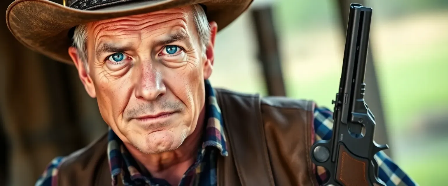 Weathered 35-year-old cowboy, blue eyes, leather vest, faded plaid, denim, wide-brimmed hat, revolver on hip.