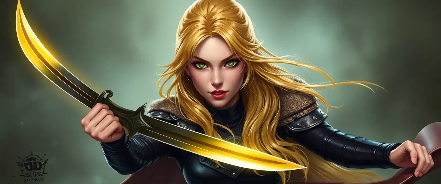 28-year-old Eladrin with golden hair, green eyes, in dark leathers, twirling a knife.