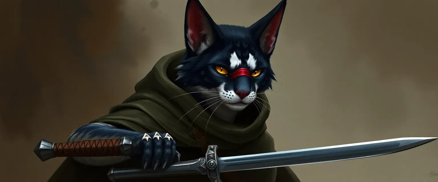 Tabaxi with black and white fur, blind, wearing traveler's cloak, armed with a sword.
