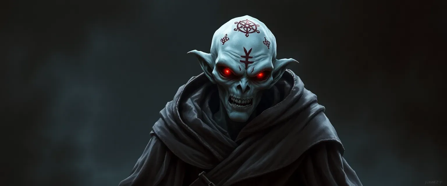 Gaunt figure in tattered robes, pallid gray skin with arcane symbols, glowing red eyes.